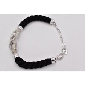 Swarovski Vintage Pave Crystal Bracelet Black Rope Rhinestone Swan Signed BinO